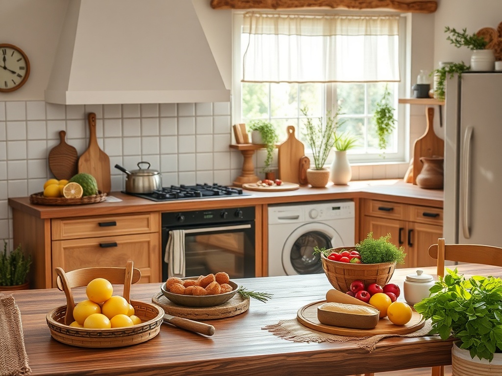 Уютная кухня с фруктами, зеленью и кухонной утварью. Светло, много деревянных элементов и натуральных материалов.