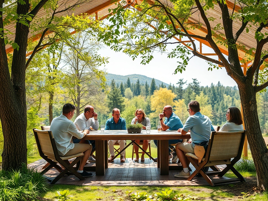 Группа людей сидит за столом на свежем воздухе, окружённая зеленью и горами. Солнечный день.