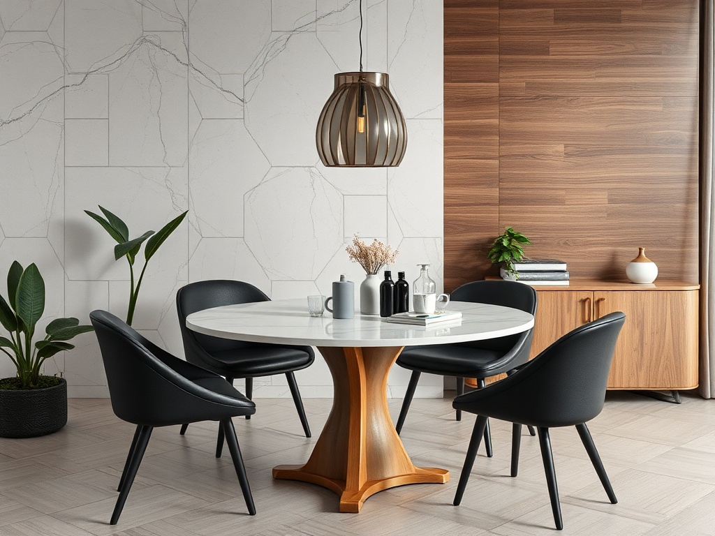 Современный интерьер: круглый стол с мраморной поверхностью и черные стулья на фоне дерева и растений.