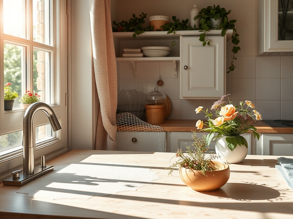 Современная кухня с раковиной, цветами и зелеными растениями на подоконнике в солнечный день.