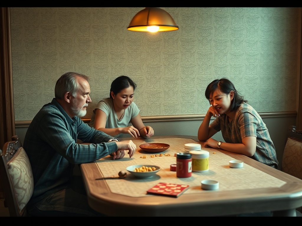 Три человека играют в настольную игру за столом, обсуждая и смеясь в уютной обстановке.