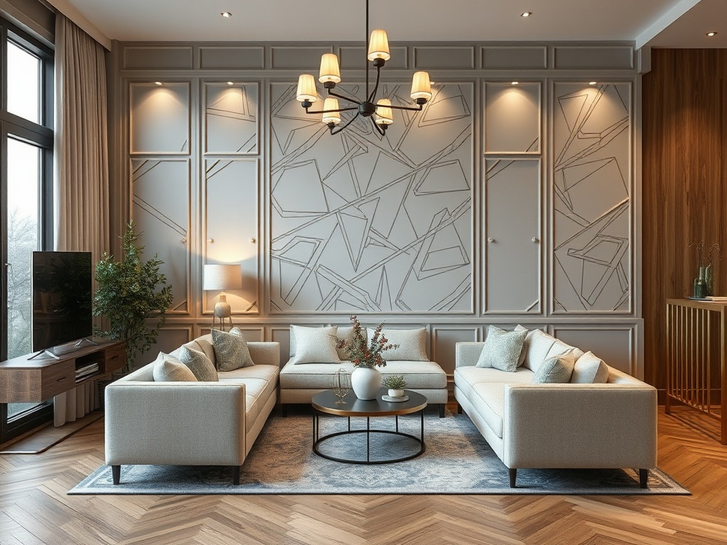 Современный светлый интерьер гостиной с уютной мебелью и стильными деталями.