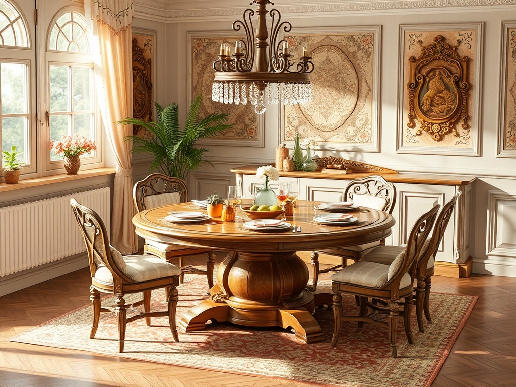 Уютный обеденный зал с деревянным столом, стульями и красивой люстрой. Светлые тона и зелень растений.