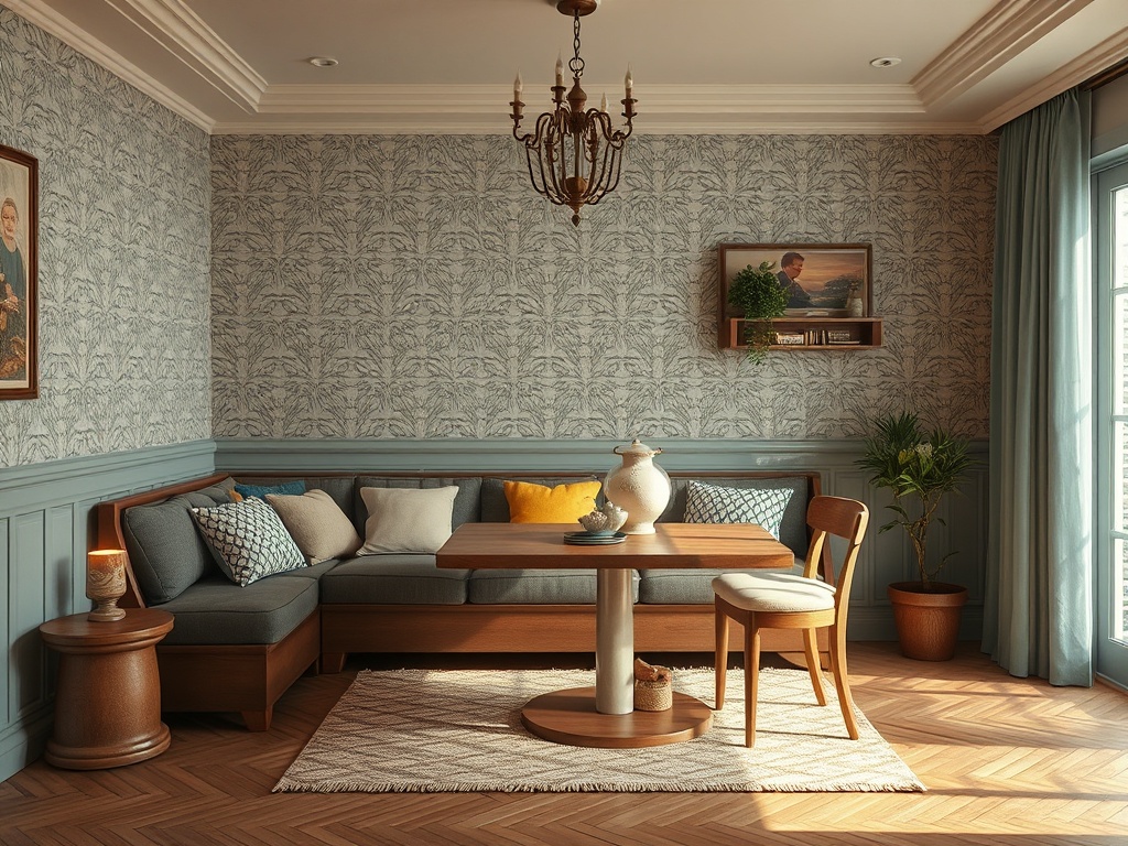 Светлая гостиная с угловым диваном, столом и растением, оформленная в светлых тонах и уютной атмосферой.