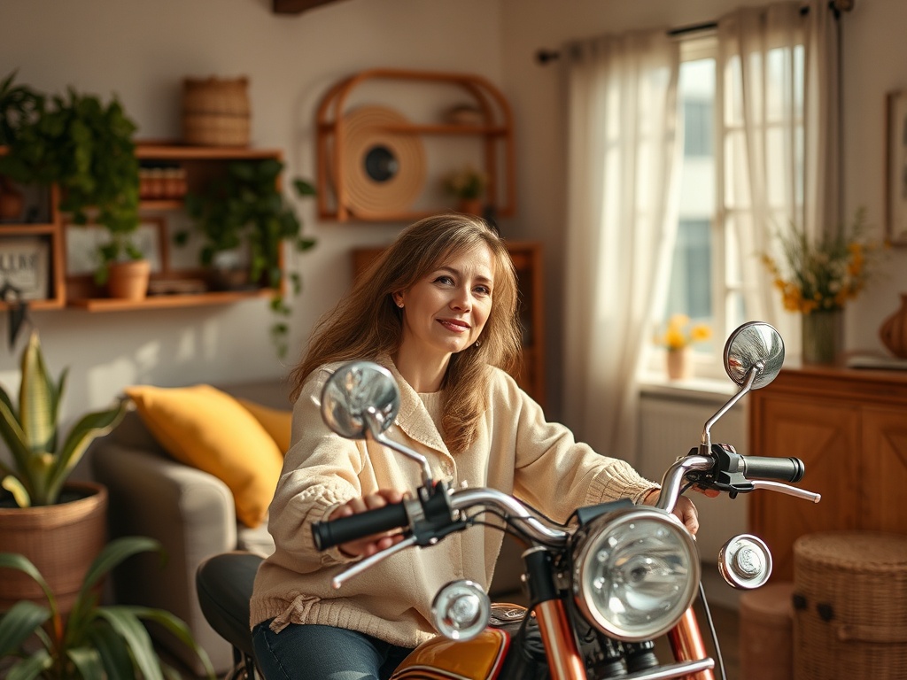 Молодая женщина сидит на мотоцикле в уютной комнате с яркими растениями и мягким светом.