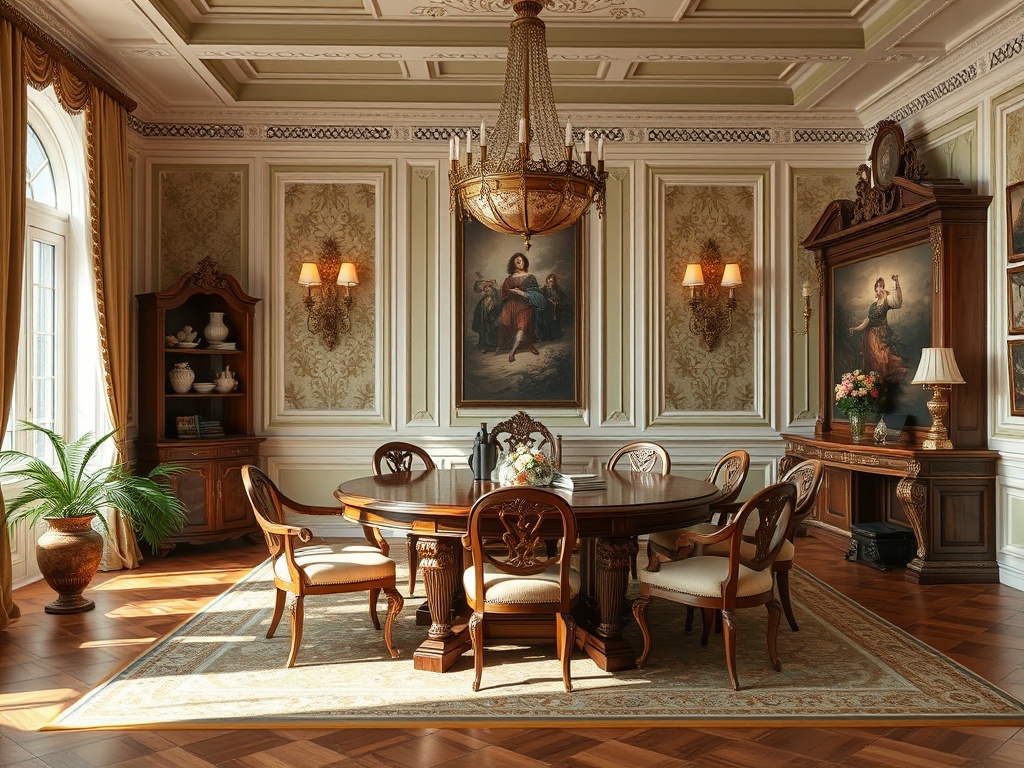 Элегантная столовая с деревянной мебелью, роскошной люстрой и живописью на стенах.