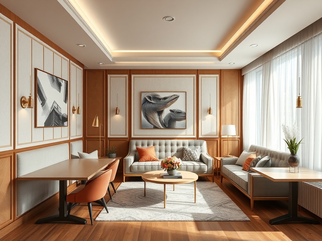 Современная гостиная с деревянными панелями, мягкой мебелью и яркими элементами декора.